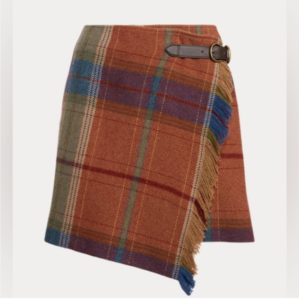 Polo Ralph Lauren Plaid Fringe and Leather Trim Wool Blend Wrap Skirt Size 6